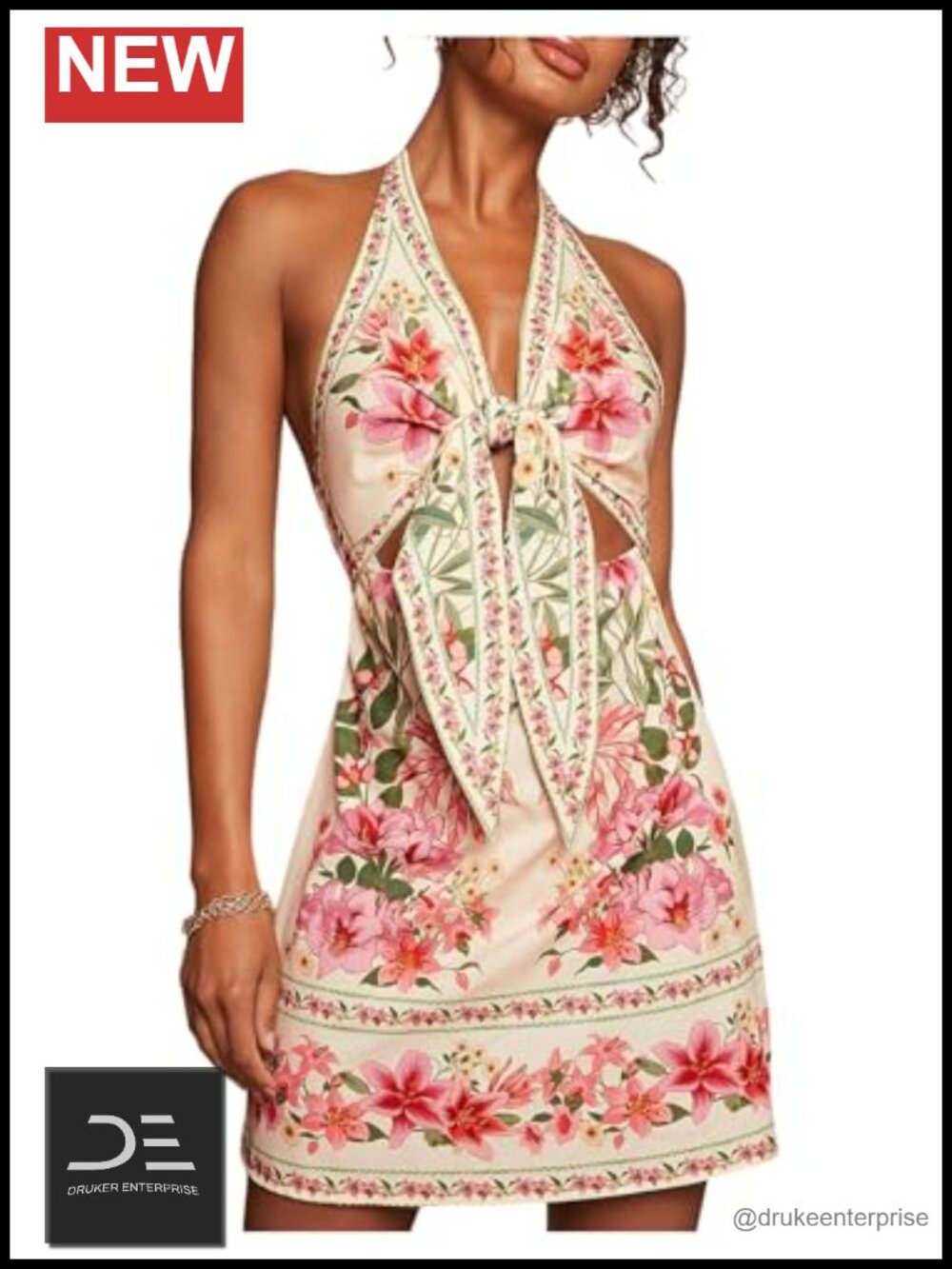 Women's Tropical Halter Mini Dress Backless Cutout Sleeveless Summer